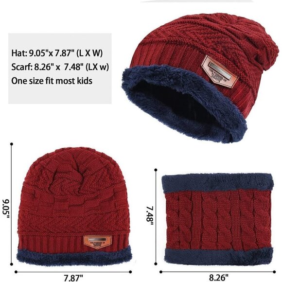 Kids Boys Girls Winter Warm Knit Beanie Hat Cap Neck Scarf Set with Fleece - Picture 2 of 6